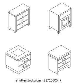 Nightstand furniture icon set. Isometric set of nightstand furniture vector icons outline isolated on white background