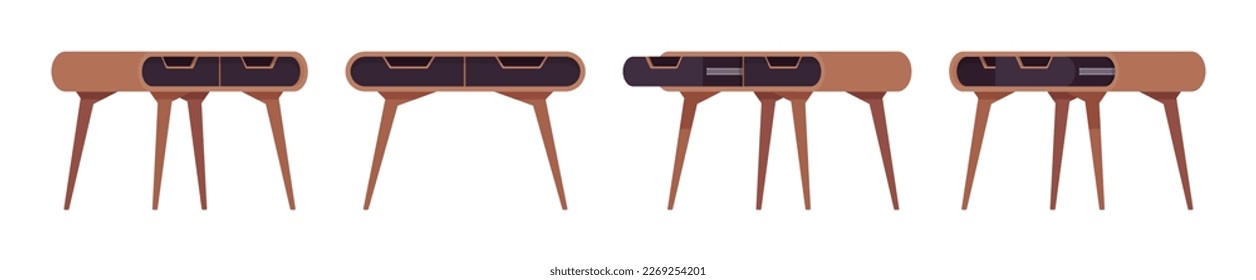 Nightstand furniture set, dark brown with storage drawer. Side accent table, perfect night stand, living room, bedroom. Vector flat style cartoon home, office articles isolated on white background