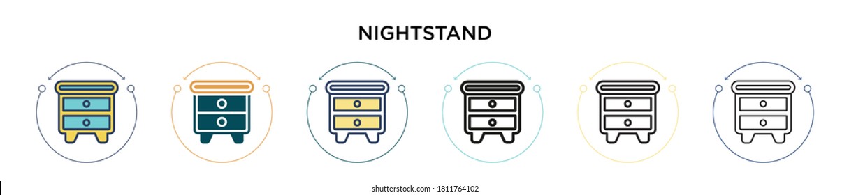 Nightstand icon in filled, thin line, outline and stroke style. Vector illustration of two colored and black nightstand vector icons designs can be used for mobile, ui, web