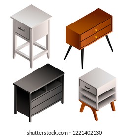 Nightstand icon set. Isometric set of nightstand vector icons for web design isolated on white background