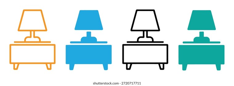 Nightstand Icon Set Lámpara de mesa Ilustraciones Diseño de Vector. Vector de icono de mesa de noche. Símbolo de la lámpara de mesita de noche con encanto. Ilustración vectorial. Iconos coloridos de la mesita de noche con las lámparas en estilos modernos. 