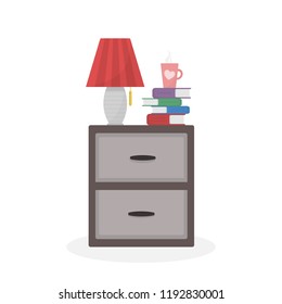 Nightstand with table lamp, pack of books and cup with hot drink on it. Isolated on white background. Living room interior design elements. Vector eps 10