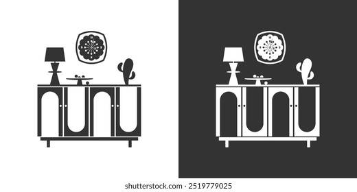 Nightstand, wall clock, table lamp. Interior flat style icon. Black on a white background and white on a black background