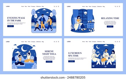 Nighttime activities set. Relaxing evening routines for mindfulness and self-care. Cozy reading, healthy dining, and sauna session. Vector illustration.