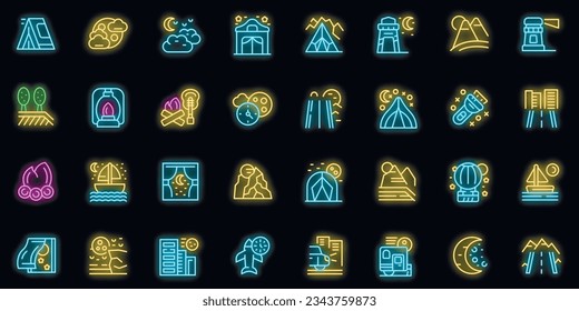 Nighttime adventures icons set outline vector. Night vibes. Dark lights neon color on black