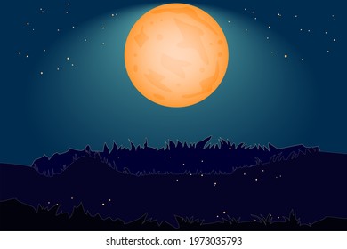 Nighttime background with moon, starry sky, hill and grass. Landscape with full moon and grassy hill silhouette. Beautiful nature evening or night empty meadow.Cartoon style design.Vector illustration