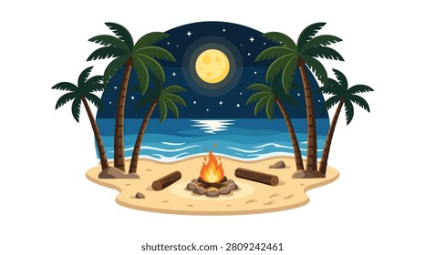 Nighttime Beach Campfire Under Palm Trees