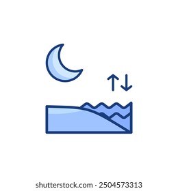 
Nighttime beach scenery with crescent moon, waves, and tide depicted through up and down arrows. Suitable for illustrating tides or changes.