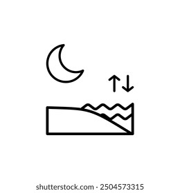 
Nighttime beach scenery with crescent moon, waves, and tide depicted through up and down arrows. Suitable for illustrating tides or changes.