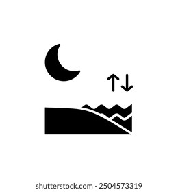 
Nighttime beach scenery with crescent moon, waves, and tide depicted through up and down arrows. Suitable for illustrating tides or changes.