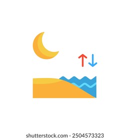 
Nighttime beach scenery with crescent moon, waves, and tide depicted through up and down arrows. Suitable for illustrating tides or changes.