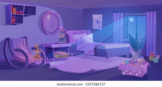 Nighttime bedroom interior under moonlight through window. Purple tinted interior with rocking chair and bed, bookshelf and toys in box, plants in pot and tulips in vase, mirror on wall above drawer.