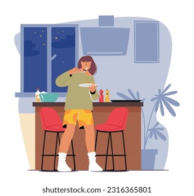 Nighttime Binge Eating. Detrimental Habit Where A Person Consumes Excessive Amounts Of Food During The Night, Often Leading To Negative Physical And Emotional Consequences. Cartoon Vector Illustration