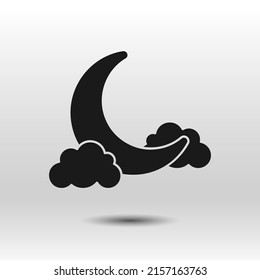 Nighttime black icon. Hand drawn simple vector. Stylized clouds and moon isolated on white background. Best for seamless patterns, polygraphy, logo creating, mobile apps and web design.