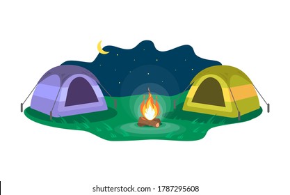 Nighttime camp semi flat vector illustration. Opposing tents near bonfire. Camping outdoors during nighttime. Summer recreation for tourist. Campground 2D cartoon landscape for commercial use