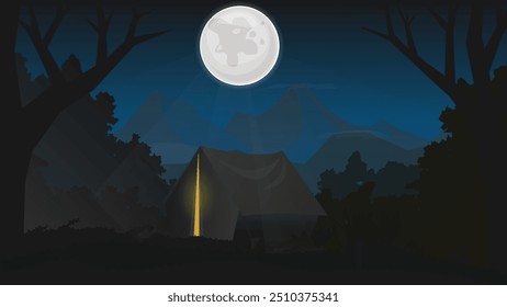 Escena de camping nocturno con una tienda de campaña en el área del bosque. Luna llena sobre las montañas. Ilustración vectorial