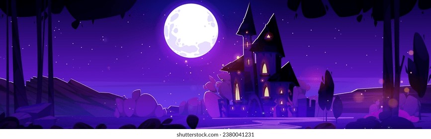 Nighttime cartoon landscape with fairytale royal medieval castle in countryside under light of full moon. Vector twilight dark purple scene with kingdom palace with towers, glowing windows and gates.