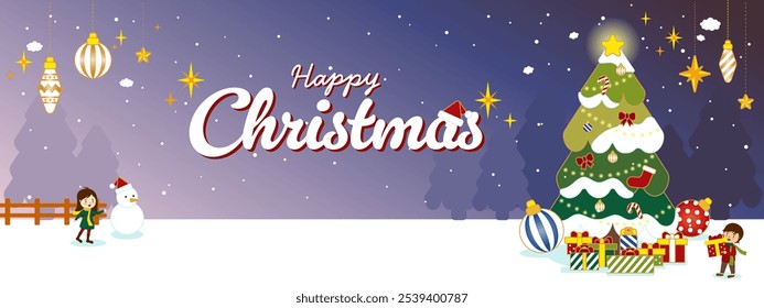 Nighttime Christmas Festivities, featuring a winter landscape with snowflakes. Merry Christmas banner. Vector illustration.