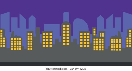 Nighttime city skyline with glowing yellow windows, varied rooftops, and a purple sky—ideal for urban scenes, travel themes, or city-inspired design.