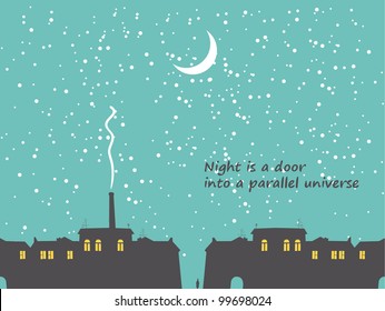 nighttime cityscape with stars and moon