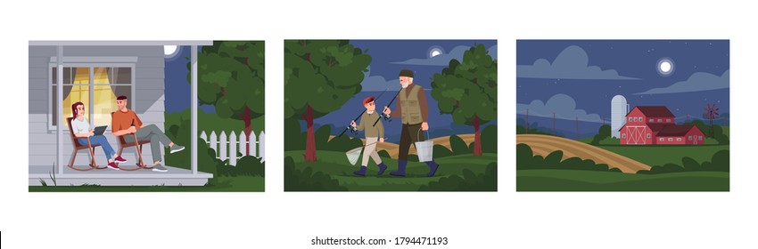 Nighttime family activity in village semi flat vector illustration set. Grandfather going from fishing with grandson. Couple sit on patio. Farmers 2D cartoon characters for commercial use