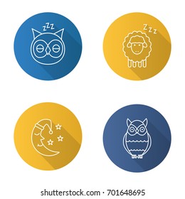 Nighttime flat linear long shadow icons set. Sleeping owls and sheep, moon with stars. Vector outline illustration