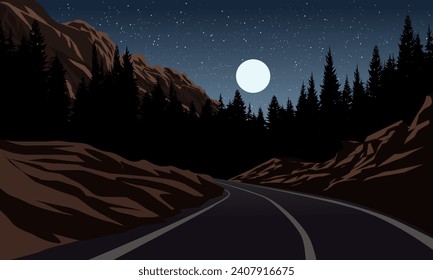 Nighttime in forest with road, hill, moon and stars