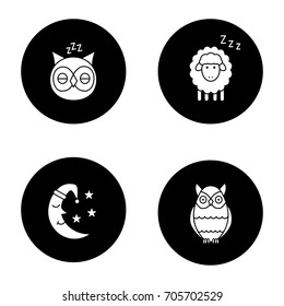 Nighttime glyph icons set. Sleeping owls and sheep, moon with stars. Vector white silhouettes illustrations in black circles