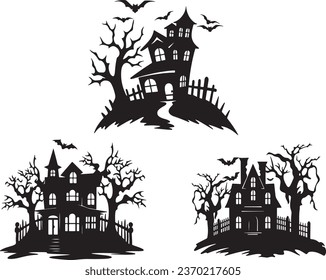 Nighttime Halloween and Bat House Logo: A Silhouette Vector of Haunted Houses, Scary House Bundle Set