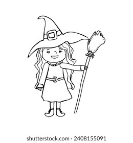Nighttime Halloween scene vector illustration. Cute happy little girl. Hand drawn little cute Halloween girl witch with broomstick. Vector illustration.