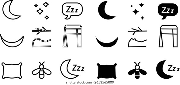 Conjunto de ícones noturnos, vistas: lua fora, céu estrelado, luzes distantes, sono. Descanse, cama, travesseiro, silhueta do pictograma, não perturbe o estado de silêncio lua crescente com símbolo glifo imagem clipart