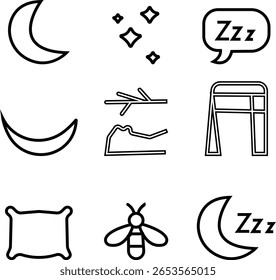 Nighttime icon set, views: moon outside, starry sky, distant lights, Sleep. Rest, bed, pillow, pictogram silhouette, do not disturb silence status moon crescent with symbol glyph image clipart