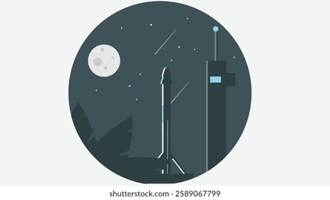 A nighttime illustration of a rocket launcher station with a rocket poised for launch, surrounded by bright lights and a futuristic setting