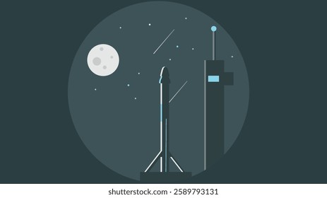 A nighttime illustration of a rocket launcher station with a rocket poised for launch
