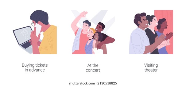 Nighttime leisure activities together isolated cartoon vector illustrations set. Buying tickets in advance, have fun at the concert, visiting theater, drama play, festival venue vector cartoon.