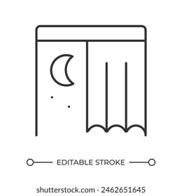 Nighttime linear icon. Night scene. Window view form bedroom. Starry night. Cozy home. Window curtains. Thin line illustration. Contour symbol. Vector outline drawing. Editable stroke