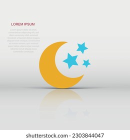 Nighttime moon and stars vector icon in flat style. Lunar night illustration on white isolated background. Moon business concept.