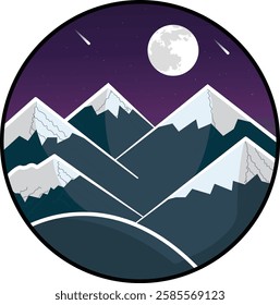 Nighttime Mountain Landscape with Full Moon and Shooting Stars - Circular Illustration in Dark Tones