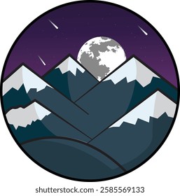 Nighttime Mountain Scene with Full Moon and Shooting Stars - Circular Illustration in Dark and Serene Tones