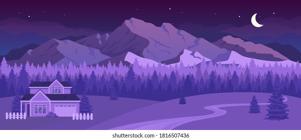 Nighttime mountains flat color vector illustration. Night in countryside. Residence near forest. Cottage near evening in woods. Rural terrain 2D cartoon landscape with nature on background