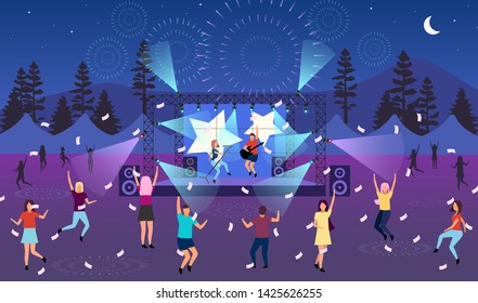 Nighttime music festival flat vector illustration. Open air live performance. Rock, pop musician concert, party in park, camp. Summertime fun outdoor activity. Dancing cartoon characters 