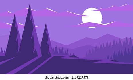 Nighttime mystical scene silhouettes of trees and mountains on bright moonlight background. Minimalist flat horizontal landscape.