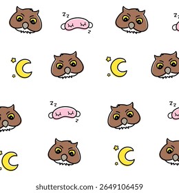 Nighttime Owl Pattern: A charming repeat pattern features whimsical owl faces, crescent moons, and sleep masks, evoking the tranquility of dusk and the peace of a restful night.