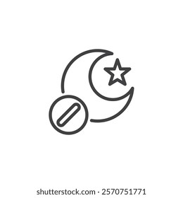 Nighttime Painkiller line icon. linear style sign for mobile concept and web design. A moon and stars with a tablet outline vector icon. Sleep aid medication symbol, logo illustration. Vector graphics