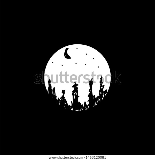 Nighttime pine forest logo with black background.\
Digital drawn pine forest\
logo