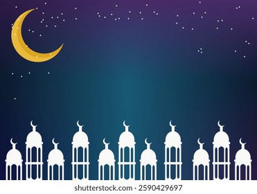  Nighttime Ramadan scenery with a crescent moon and a silhouette of a mosque, creating a peaceful and spiritual ambiance.
