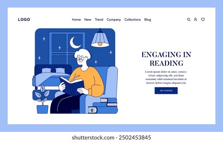 Nighttime reading indulgence in a cozy armchair under home lamp light. Quiet evening with books promoting relaxation and knowledge. Vector illustration.