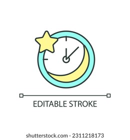 Nighttime RGB color icon. Sleeping time. Bedtime hours. Rest at night. Alarm clock. Timepiece. Isolated vector illustration. Simple filled line drawing. Editable stroke. Arial font used
