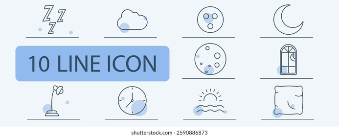 Nighttime set icon. Sleep, cloud, moon phases, crescent, night window, lamp, clock, sunset, pillow, relaxation.