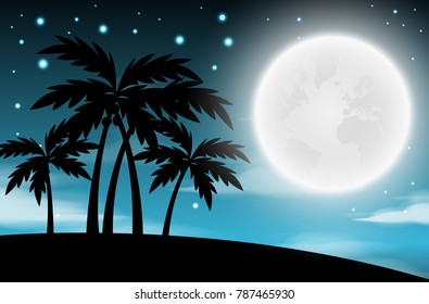 Nighttime sky background with full moon and trees, clouds and stars. Moonlight night. Vector